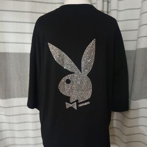 Missguided + Playboy Black Tee with Dazzling Silver Graphic Logo
